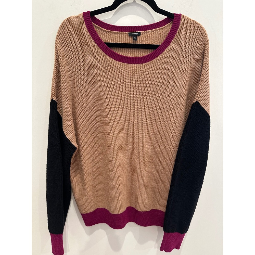 Express Women Colorblock Ribbed Knit Sweater Tan Black Magenta Large EX006388